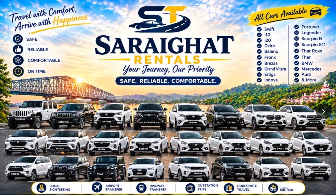 Saraighat Rentals banner: safe, reliable, comfortable