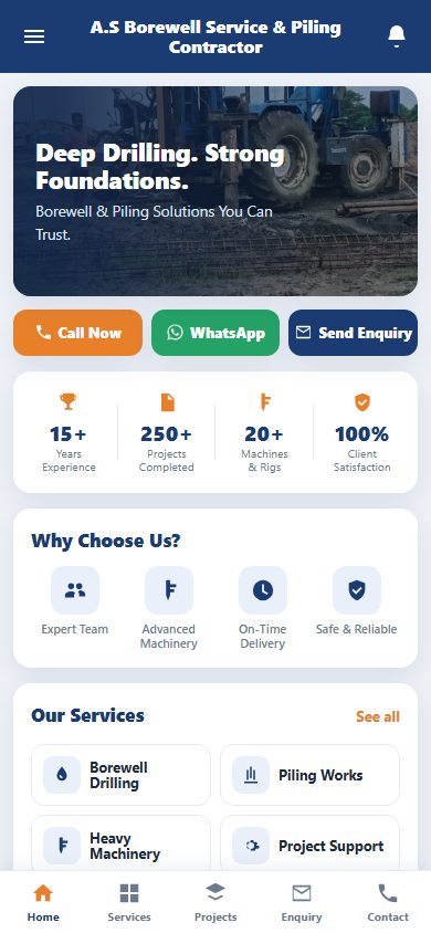 A.S Borewell mobile site — hero, call and WhatsApp buttons, services grid
