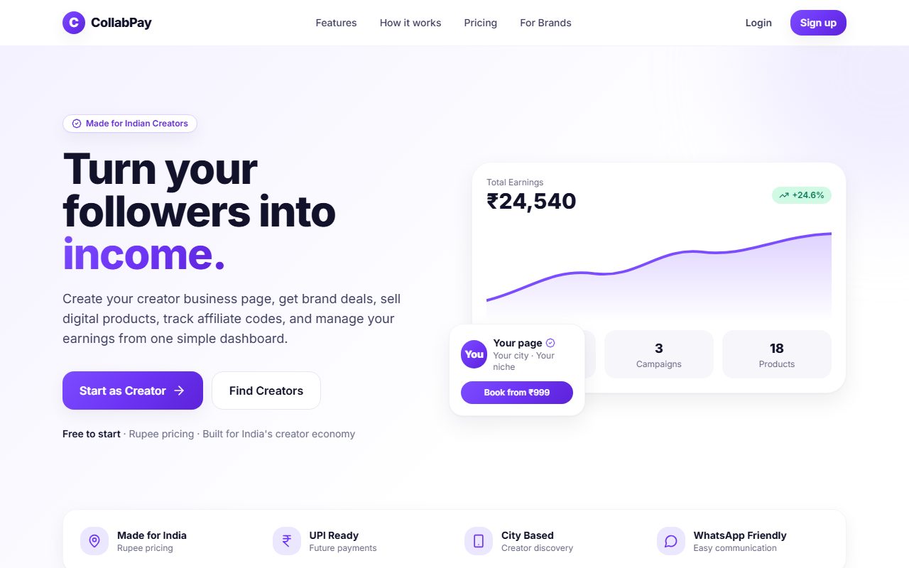 CollabPay landing page — earnings chart and creator dashboard preview