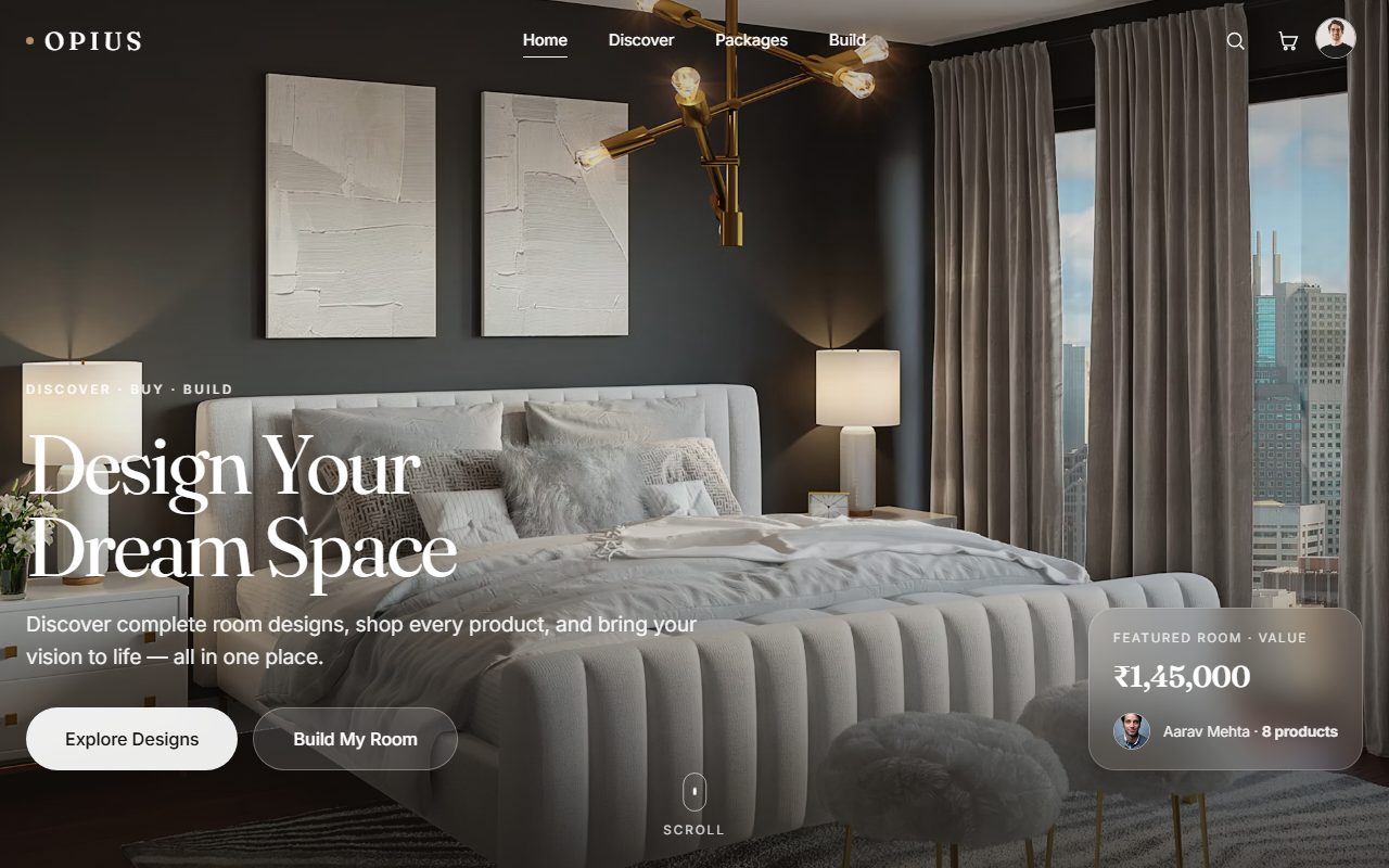 OPIUS interior design marketplace homepage with a photoreal bedroom hero