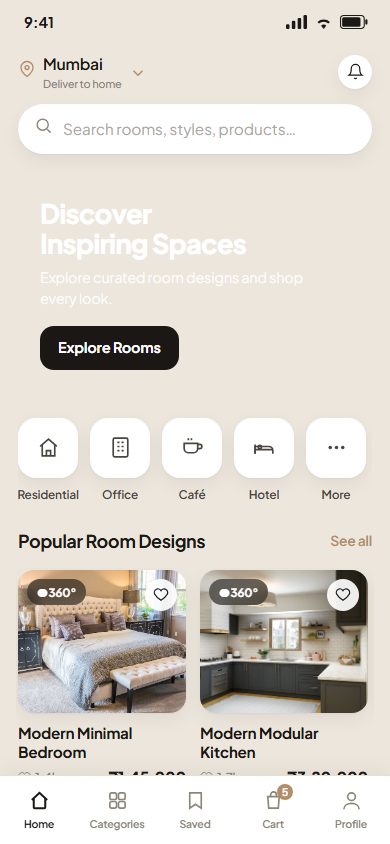 OPIUS mobile app home screen with 360-degree room design cards